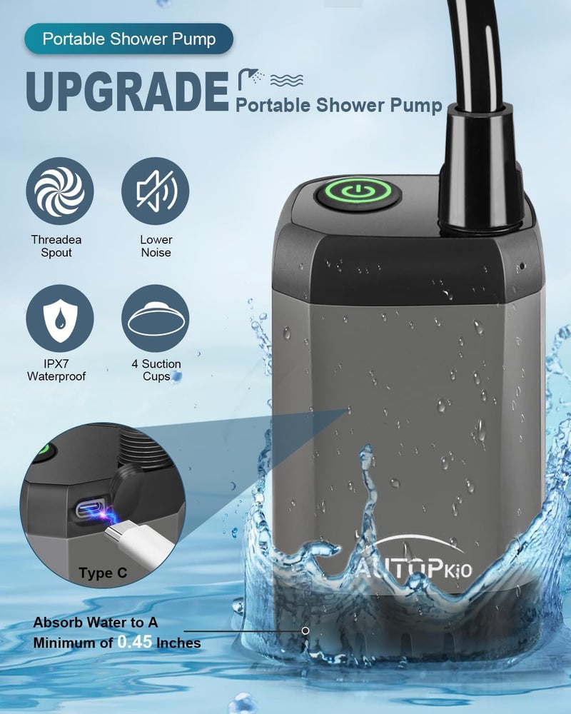 AUTOPkio Portable Camping Shower, 6000mAh Rechargeable Camp Shower Pump with USB Cable & Electric Outdoor Shower Head Sprayer for Camping, Hiking, Pet Bathing, Washing - Image 4